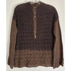 Handmade Crochet Pull Over Two Tone Button XL Brown 1513